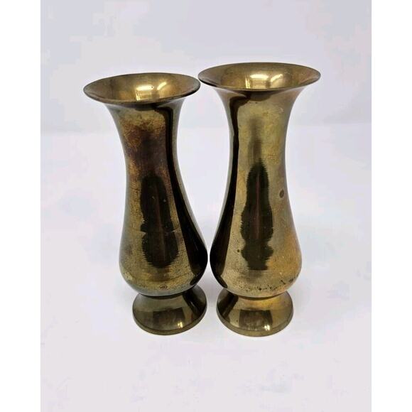 Set of 2 Solid Brass Flower Vase Vases 6" Made in India Candle Holder - Picture 3 of 6